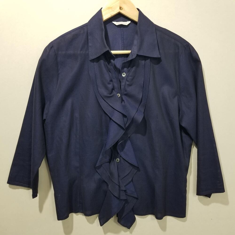 Lorenzini Blouse Womens IV Blue Collared 3/4 Sleeve Ruffle Front Button Up Italy